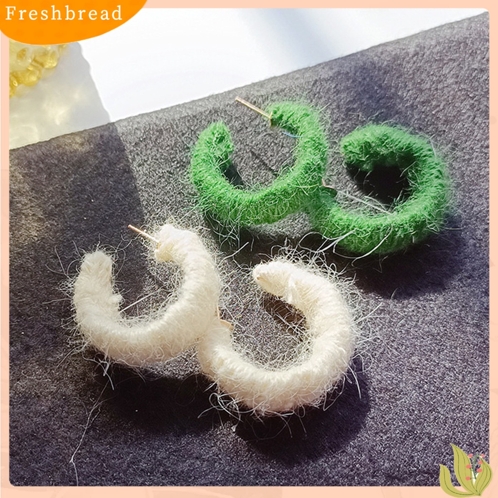 &lt; Freshbread &gt; 1pasang Anting Pejantan Berbentuk C Handmade Benang Katun Dikepang Geometris Hadiah Musim Gugur Musim Dingin Warna Solid Setengah Hoop Wanita Anting-Anting Perhiasan Fashion