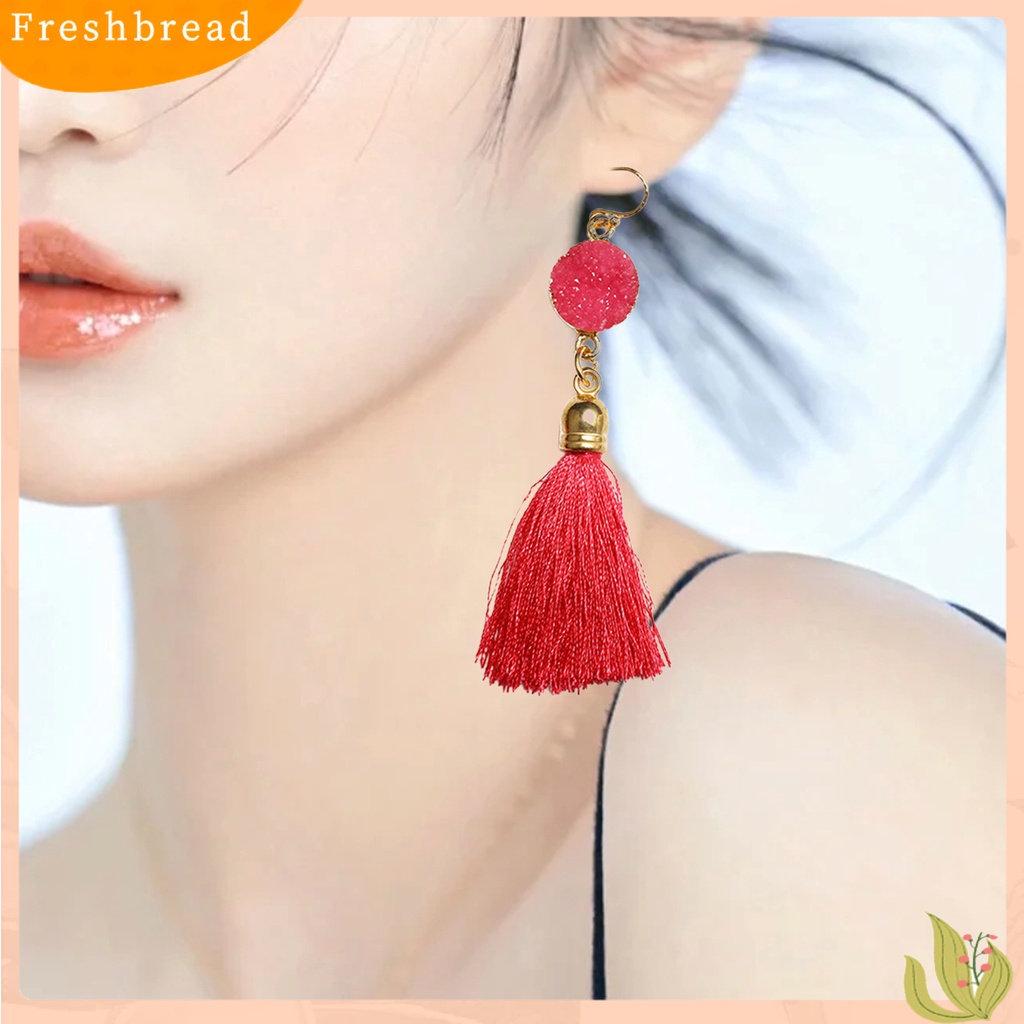 &lt; Freshbread &gt; 1pasang Anting Kait Bohemian Katun Ringan Garis Pinggiran Desain Menjuntai Earrings Aksesoris Telinga