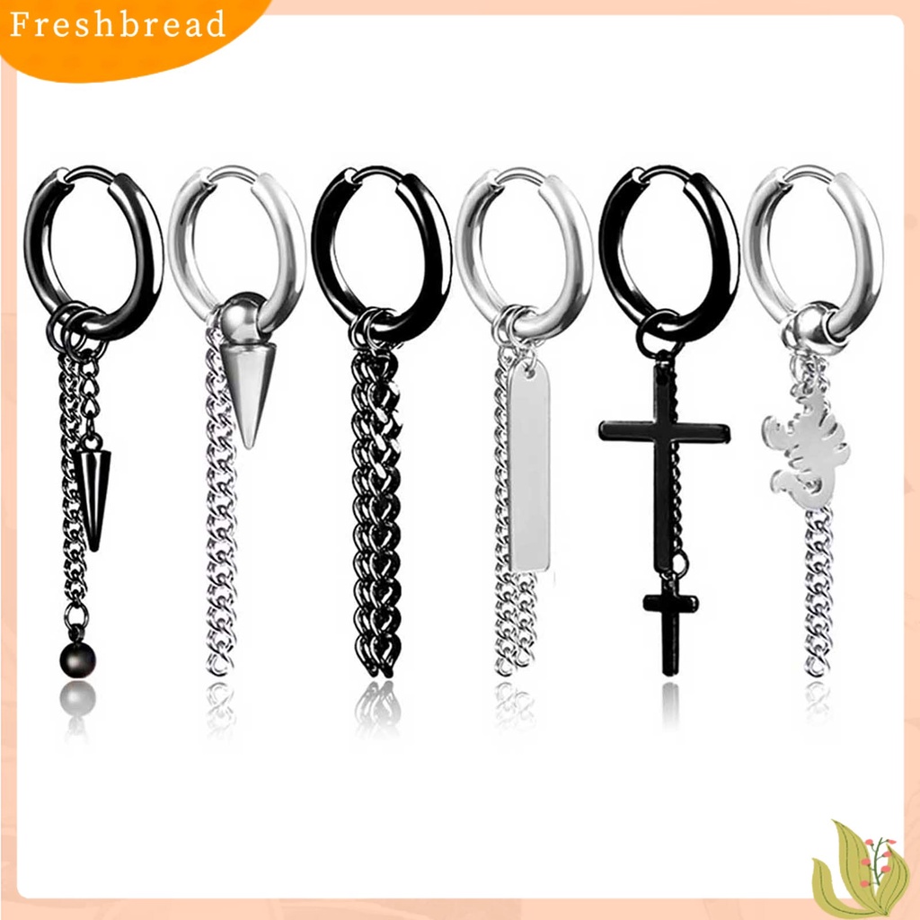 &lt; Freshbread &gt; 1Pc Anting Hoop Keren Unisex Klip Telinga Rantai Panjang Stainless steel Untuk Club