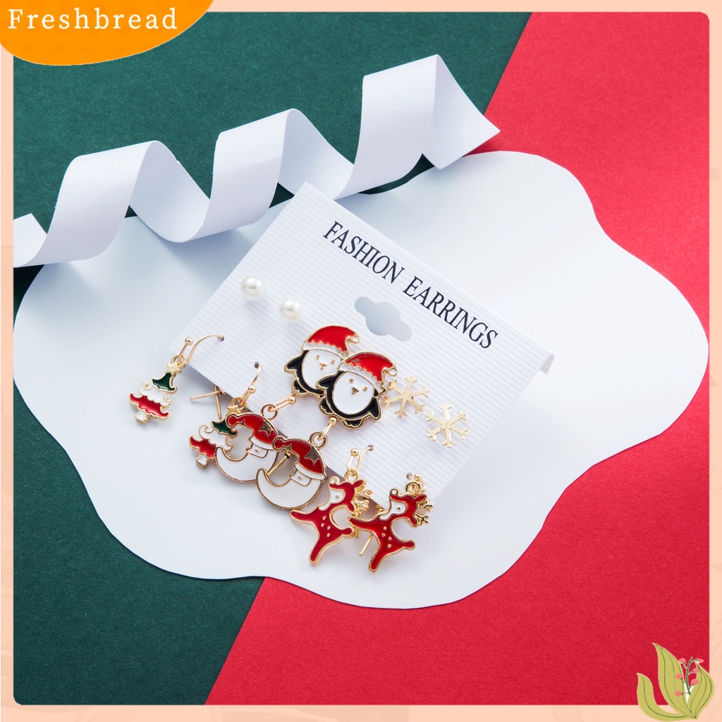 &lt; Freshbread &gt; 6pasang/Set Anting Natal Meriah Enamel Geometris Mengkilap Electroplating Dekorasi Perhiasan Hadiah Pohon Xmas Elk Snowman Santa Claus Ear Studs Menjuntai Anting