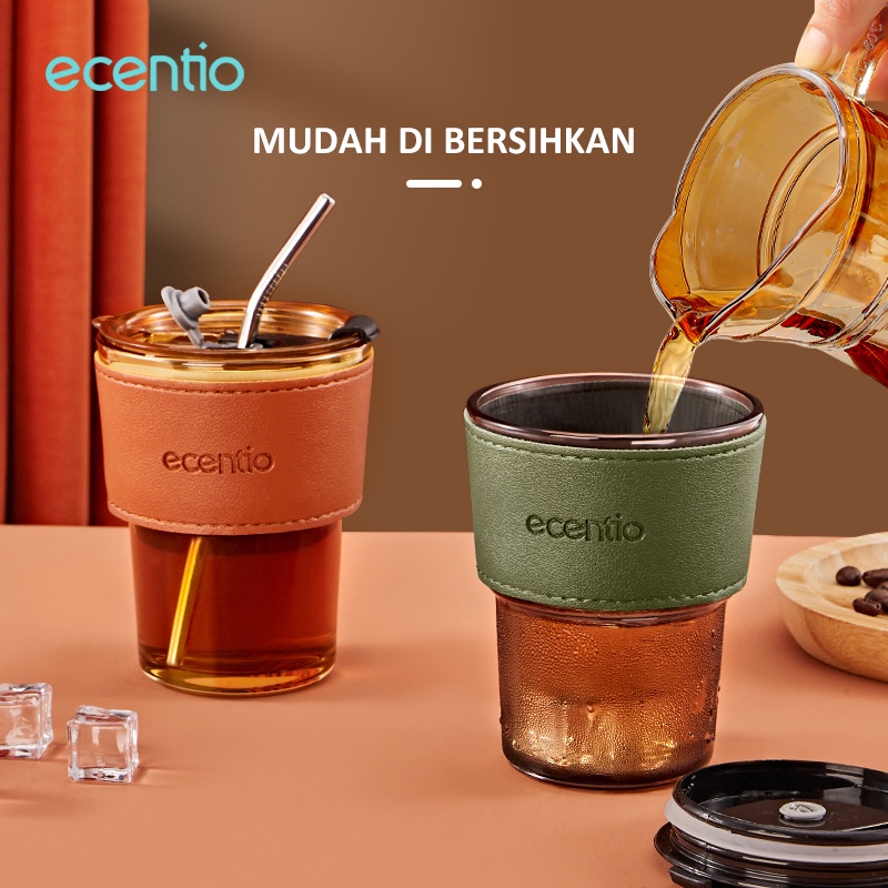 PROMO!!! ecentio Tumbler Kaca 400ml dengan Sedotan dan Tutup Gelas Kopi Tumbler Aesthetic Gelas Kaca simple elegan holder kulit classic Water Bottle Cup for Coffee
