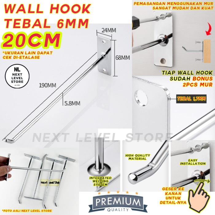 Wall Hook 20 CM Tebal 6mm - FREE 2 MUR - 20cm Cantolan Display Besi