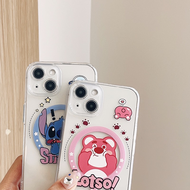 IPHONE Untuk Iphone14 13 12 11 Pro Max Magnetik Transparan Kartun Stitch Lucu Strawberry Bear Telepon Soft case