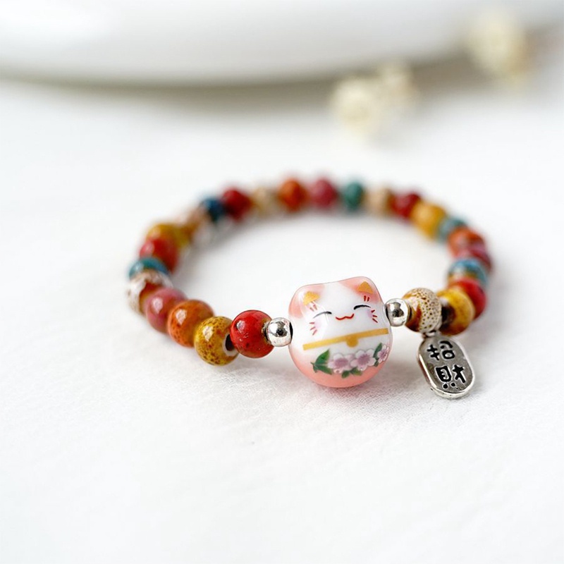 Lucky Cat Stone Beads Bracelet Bangles Sederhana Manis Gelang Keramik Untuk Wanita Gadis Hadiah Ulang Tahun Perempuan Pesona Perhiasan