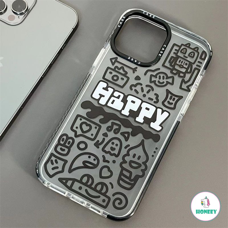 IPHONE Penanda Fashion Graffiti Luminous Case Apple 14kartun Kompatibel Untuk Iphone11 12 13 14 Pro Max Hitam Inggris Lembut Shockproof Back Cover