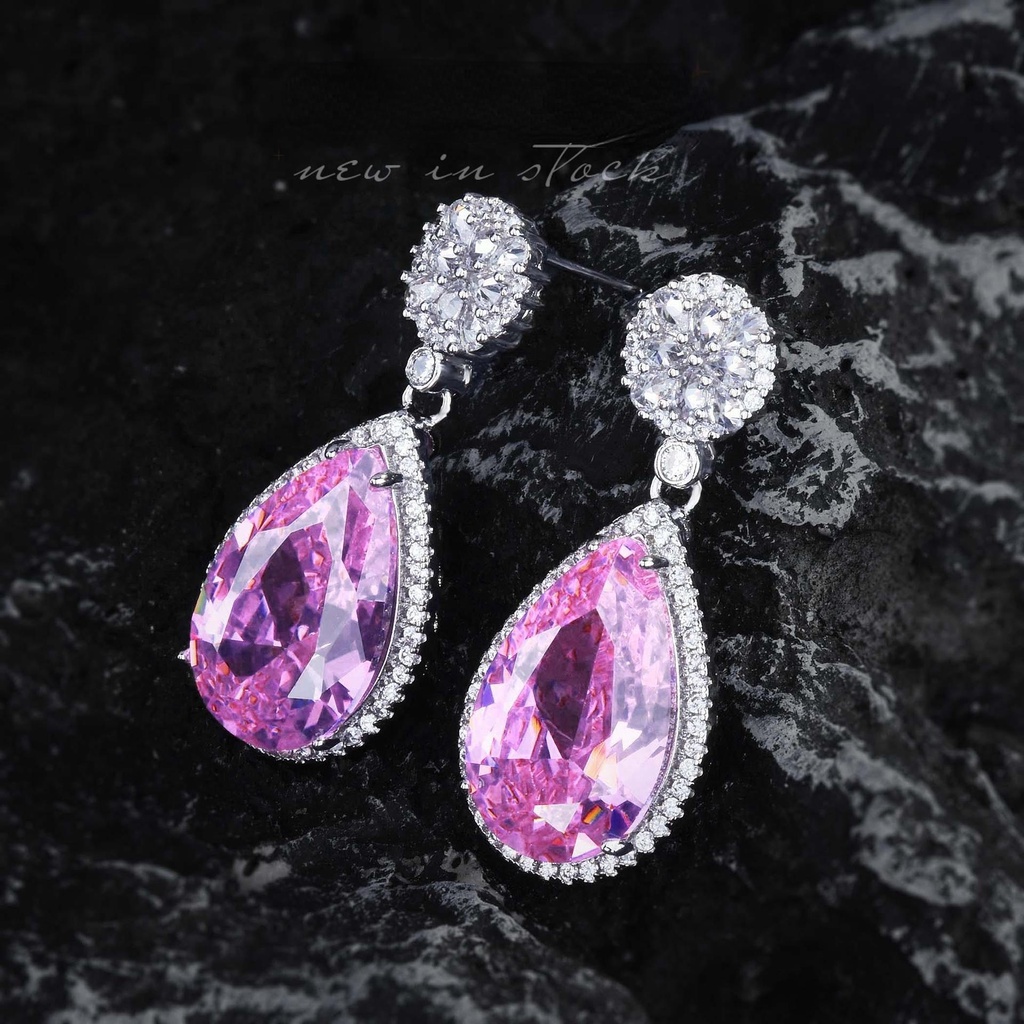 Goldkingdom Aksesoris Perhiasan Fashion Ready Stock Morgan Pink Berlian Set Perhiasan Karat Besar Tetesan Air Kalung Harta Karun Warna-Warni Anting Liontin