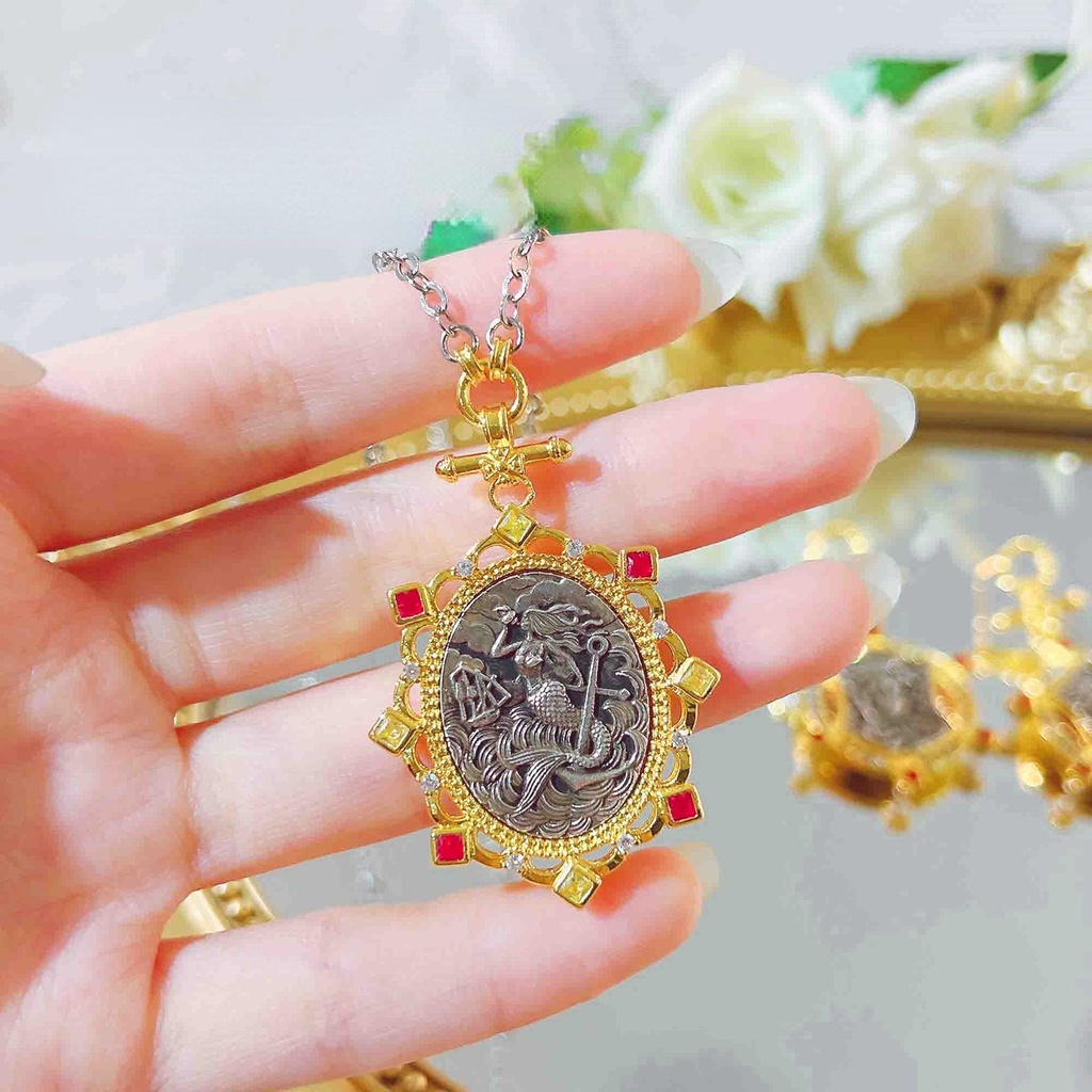 Goldkingdom Fashion Perhiasan Aksesoris Ready Stock Bahasa Perancis Abad Pertengahan Kuno Koin Kalung Italia Kerajinan Dua Sisi Replika Mermaid Koin Kuno Anting Retro Set