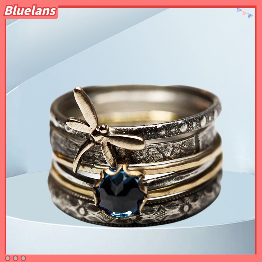 {In Stock} Cincin Jari Gaya Vintage Multi-layer Anti-Cacat Capung Biru Faux Kristal Engagement Ring Untuk Pacaran
