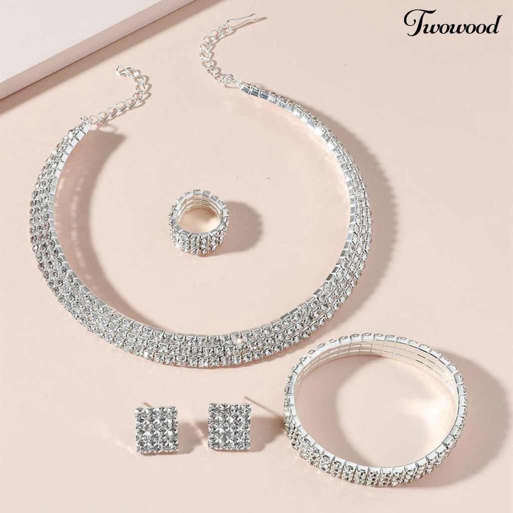 Twowood 1set Kalung Gelang Anting Cincin Geometris Berlian Imitasi Perhiasan Bersinar Terang Luster Set Perhiasan Untuk Pernikahan