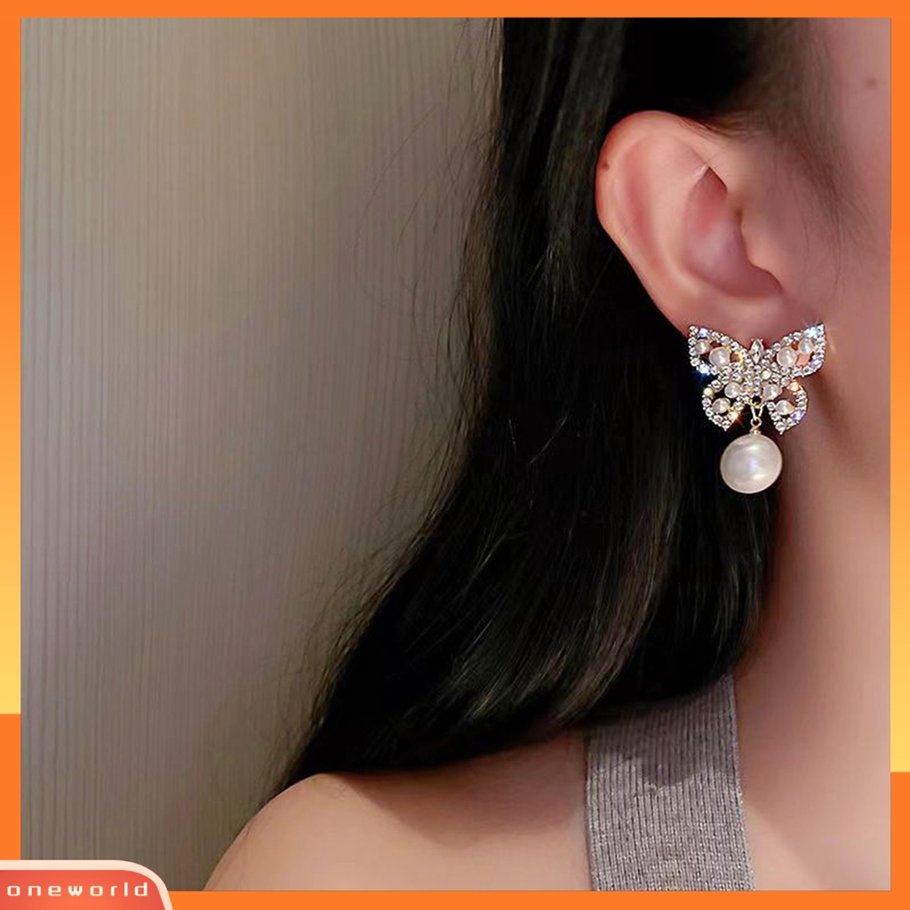 [OWR] 1pasang Anting Menjuntai Mutiara Imitasi Gaya Perancis Elegan Berlian Imitasi Tertanam Berongga Kupu-Kupu Drop Earrings Aksesoris Perhiasan