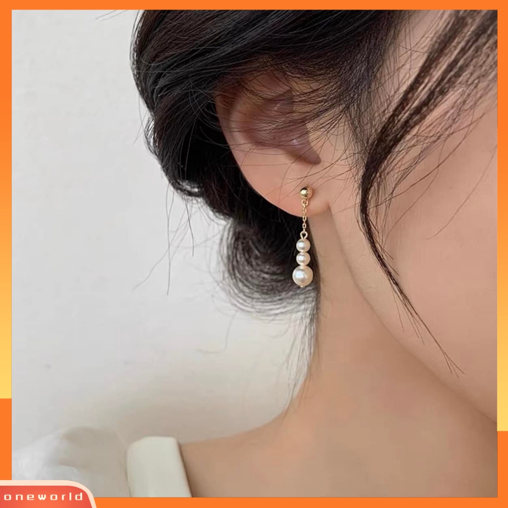 [OWR] 1pasang Anting Pejantan Dainty Elegan Golden Hypoallergenic High Gloss Mutiara Imitasi Rumbai Menjuntai Anting Fashion Perhiasan