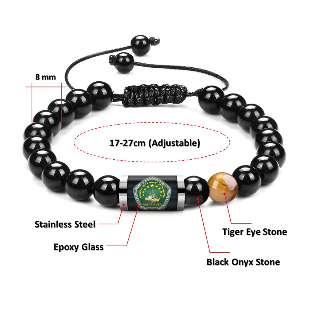 Gelang Batu Alam Pagar Nusa Pendekar PN Asli Black Onyx Tiger Eye Tabung Kaca Stainless Steel Pria Wanita