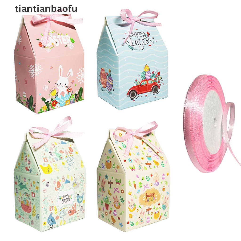 [tiantianbaofu] 12pcs Kotak Hadiah Paskah Kartun Hewan Bunga Dicetak Paper Box Dengan Pita Butik