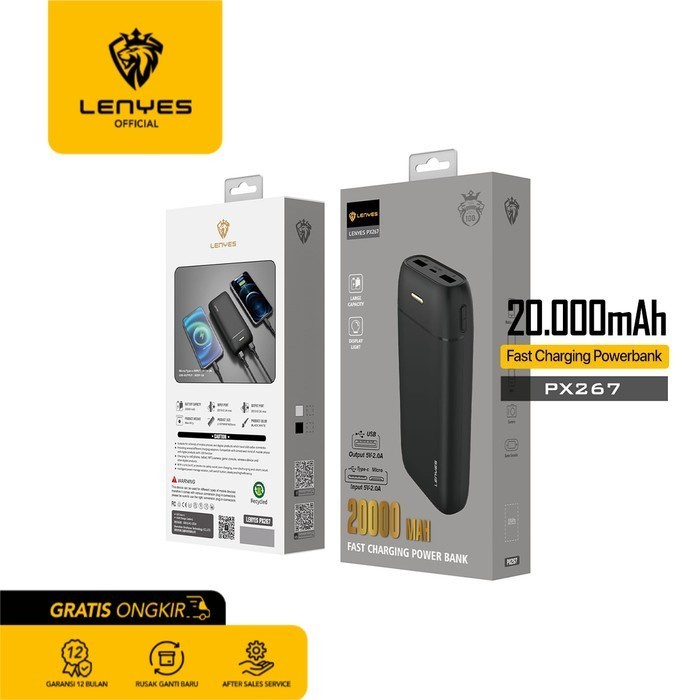 LENYES PX267 Powerbank 20000MAH Fast Charging Real Capacity Original - Black portable power bank emergency charger