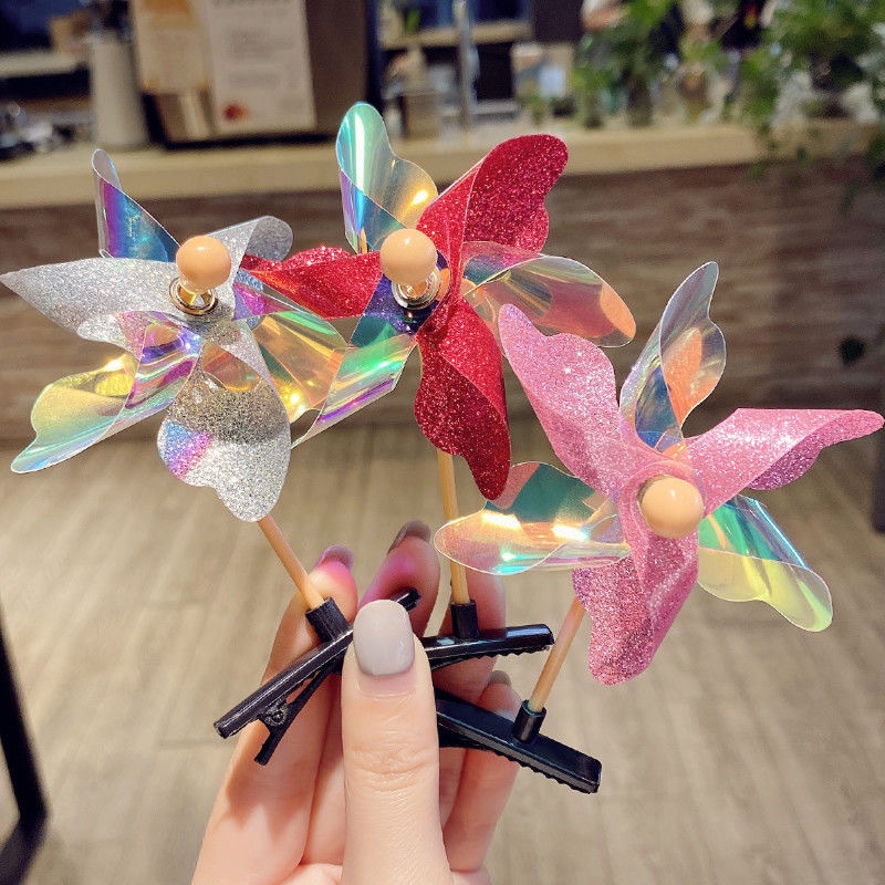 Random 1Pc Anak Laser Sequin Rotary Windmill Hairpin Wind-Mill Mainan Outdoor Windmill Hair Clip Gadis Lucu Kreatif Mini Kecil Kincir Angin Aksesoris Rambut Anak Warna-Warni