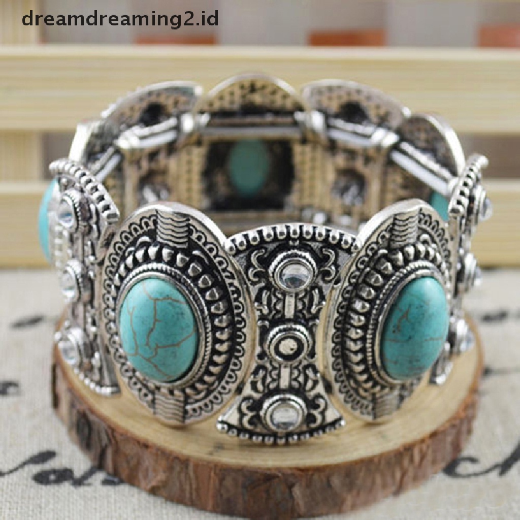 (hot) Stylish Boho Womens Retro Vintage Natural Turquoise Tibet Perak Gelang Cuff//