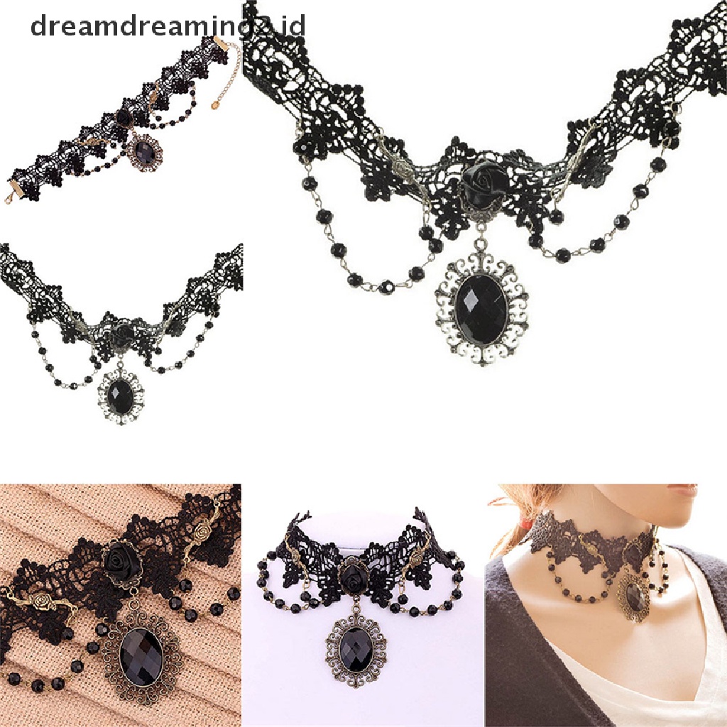 (hot) Fashion Lolita Gothic Hitam Bunga Mawar Renda Choker Kerah Kalung Beads Chain//