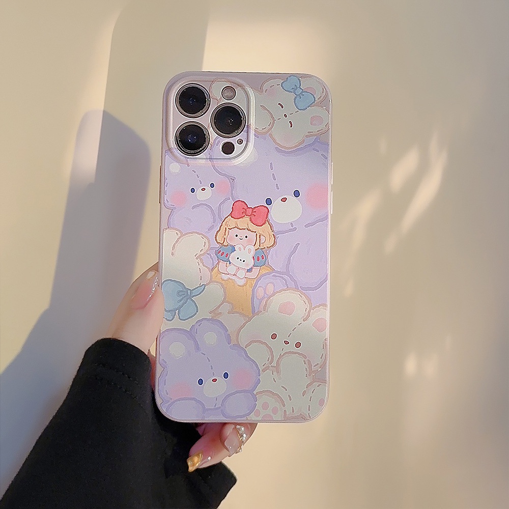 IPHONE Kartun Putri Salju Putih Ungu Muda Perlindungan Penuh Casing Ponsel Cover Manik-Manik Hati Liontin Untuk Iphone11 12 13 14 PLUS PRO MAX