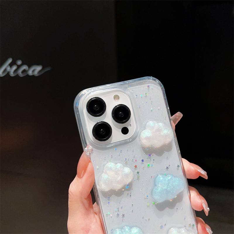 Casing Epoxy Awan Bintang Glitter 3D Lucu Untuk iPhone 14 13 12 11 Pro MAX Plus Mini Bening Silikon Soft Cover Untuk iPhone X XS MAX XR 7 8 Plus SE 2022 2020 14Plus 13Mini 12Mini