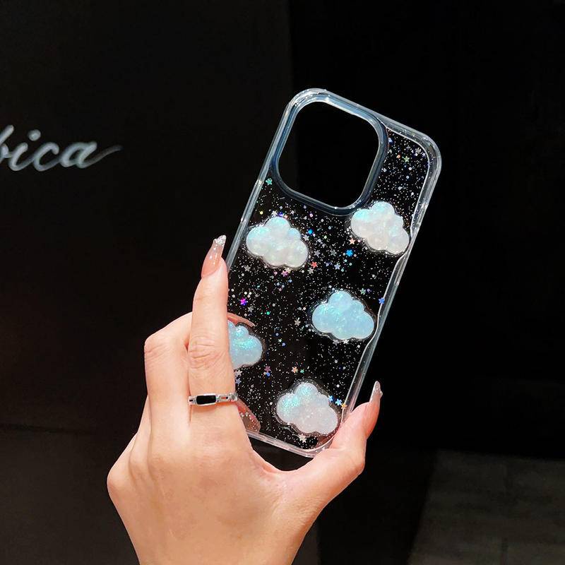 Casing Ponsel 3D Awan Glitter Untuk iPhone 14 13 12 11 Pro MAX Plus Mini Bintang Payet Bening Lembut Pelindung Cover Untuk iPhone X XS MAX XR 7 8 Plus SE 2022 2020 14Plus 13Mini 12Mini