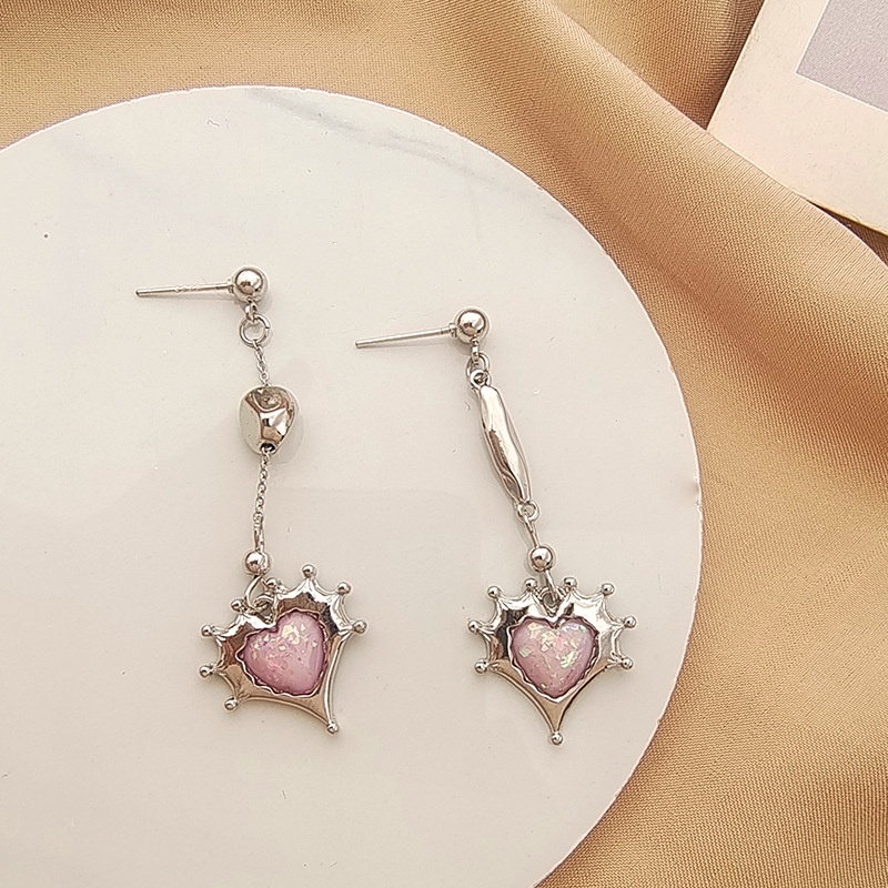 Anting Pink Zircon Drop Untuk Wanita Asimetris Silver Stud Earings Aksesoris Perhiasan