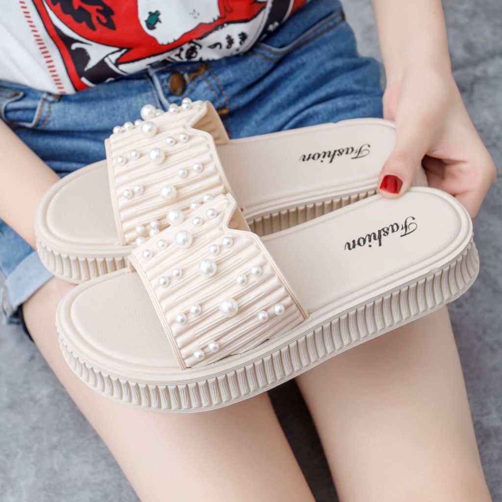 GROSIRTAS TG1715 Sandal Wedges Wanita Slipper Garis Mutiara Import Anti Slip mpuk Trend Terbaru