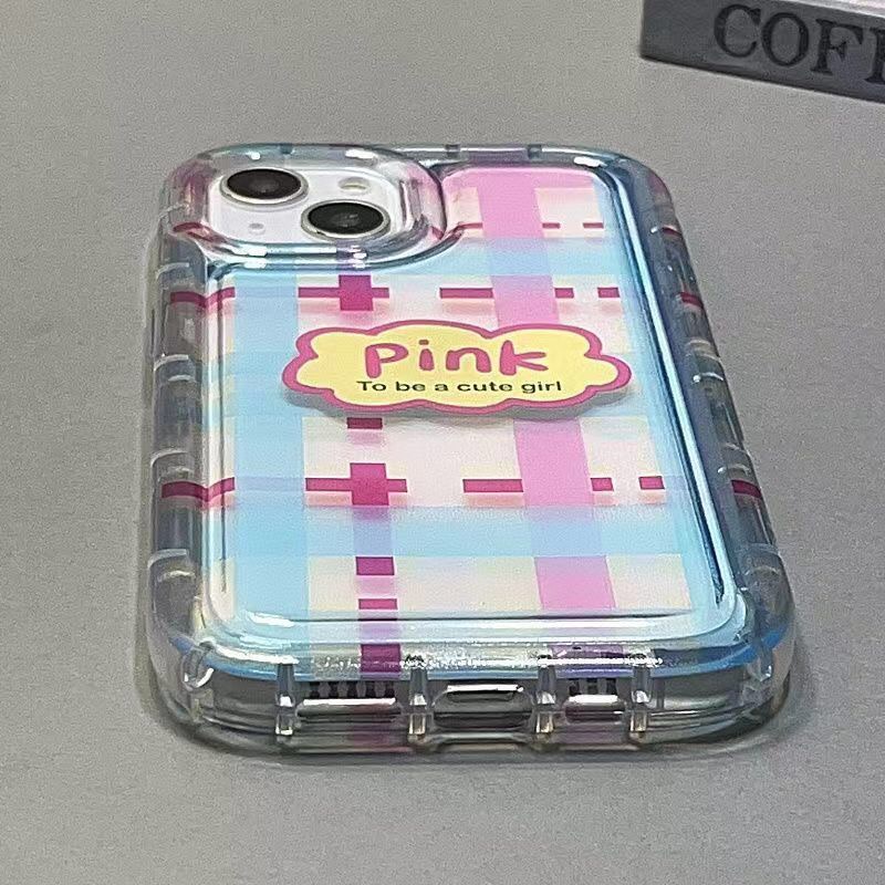 Soft Case TPU Silikon Transparan Motif Kotak-Kotak Pink Untuk IPhone 14 13 12 11 Pro XR X XS Max 8 7 6S Plus