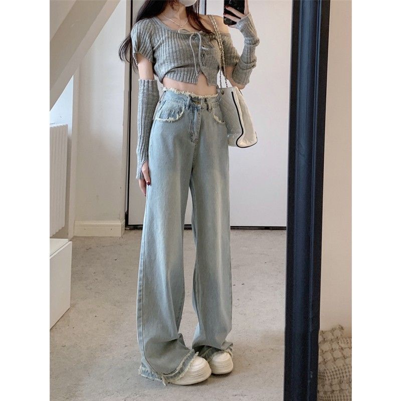 Red Tinggi dan panjang rasa desain raw edge straight jeans wanita musim semi pinggang tinggi longgar slim lebar kaki mengepel celana