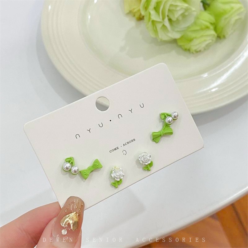 6pcs Anting Bunga Hijau Indah Mini Segar Ear Studs Perhiasan Fashion Untuk Gadis Manis