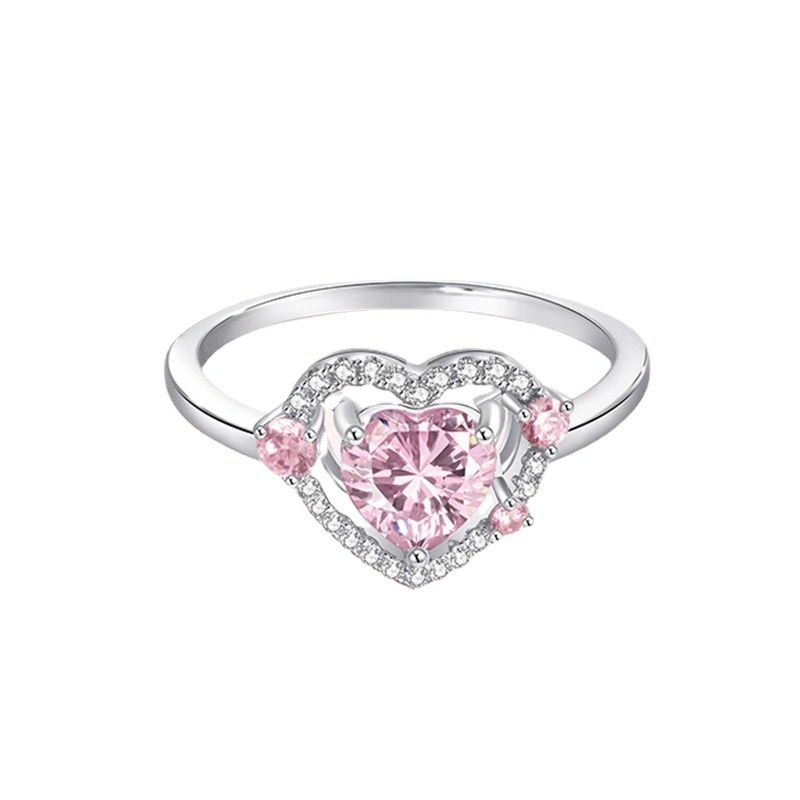 Sweet Pink Zircon Heart Ring Cincin Kristal Silver Untuk Aksesoris Perhiasan Wanita