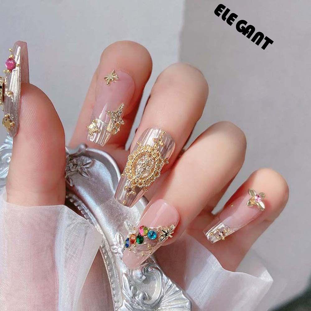 [Elegan] Kuku Berlian Imitasi Wanita Zirkon Pesona Kuku Emas Perak Bintang Clover Manicure Aksesoris 3D Nail Art Drills