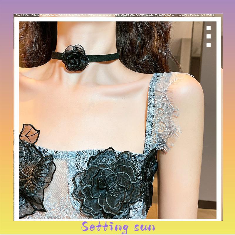 Waktu Seksi Choker Kerah Perhiasan Retro-Hitam Renda Camellia Kalung Pesta Makan Malam Neck-Band Wanita Fashion Adjustable Neckl TN