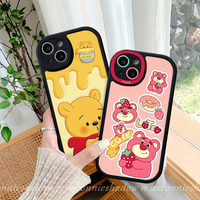 IPHONE Kartun Strawberry Bear Manyo Lovely Winnie The Pooh Case Kompatibel Untuk Iphone11 7 8 Plus XR 13 11 14 12 Pro Max X XS Max 6 6s Plus SE 2020 Fashion Pasangan Shockporoof Soft Cover