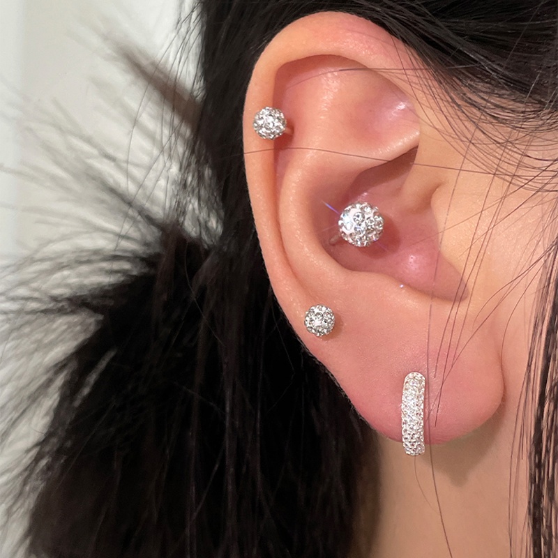 Roselife Bling Bling Zirkon S925 Perak Bola Kecil Anting Sekrup Untuk Wanita Perempuan Tindik Halus Dua Bola Kecil Stud Earring Hypoallergenic Telinga Perhiasan Aksesoris 1 Pc