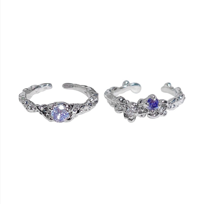 Yeezii 2Pcs/Set Cincin Kristal Ungu Elegan Set Fashion Zircon Silver Rings Untuk Wanita Perhiasan Aksesoris