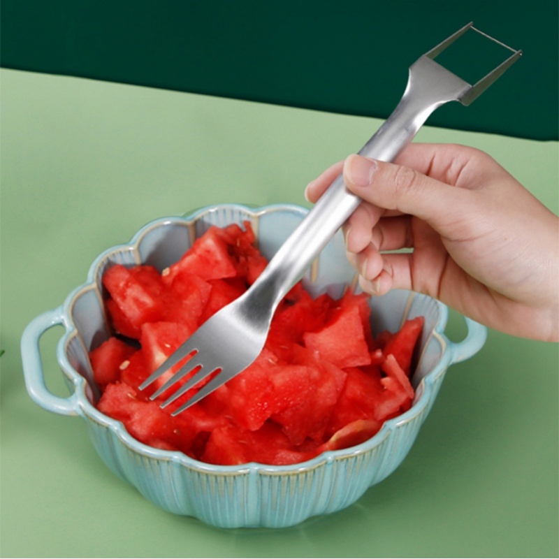 Kue Dessert Salad Prongs Merata Semangka Blok Slicer 2in1 Stainless Steel Garpu Buah Keju Cepat Jelly Cutter Kreatif Dapur Pub Peralatan Makan