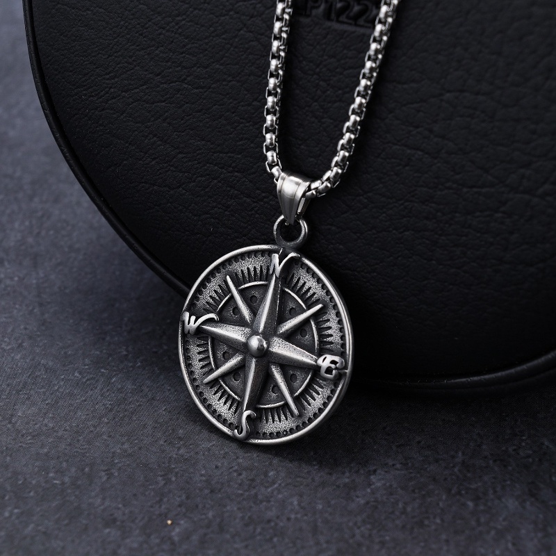 [Z H Perhiasan] Vintage Nordic Viking Kompas Gaya Hip Hop Liontin Pria Dan Wanita Fashion Stainless Steel Kalung Punk Pesta Rock Perhiasan Aksesoris