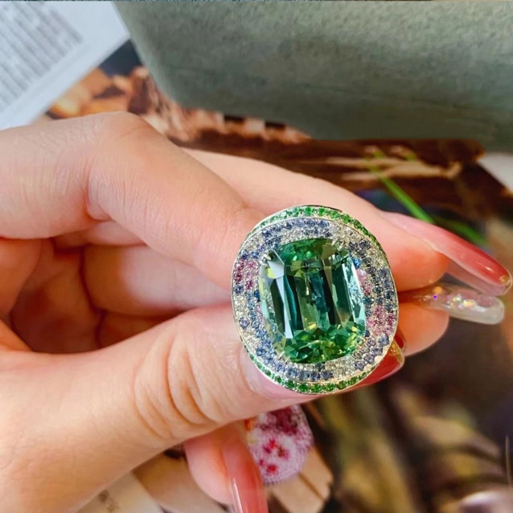 Goldkingdom Aksesoris Perhiasan Fashion Ready Stock French Retro Mint Green Tourmaline Ring Mewah Dan Dipotong Halus Dengan Berlian Hijau.