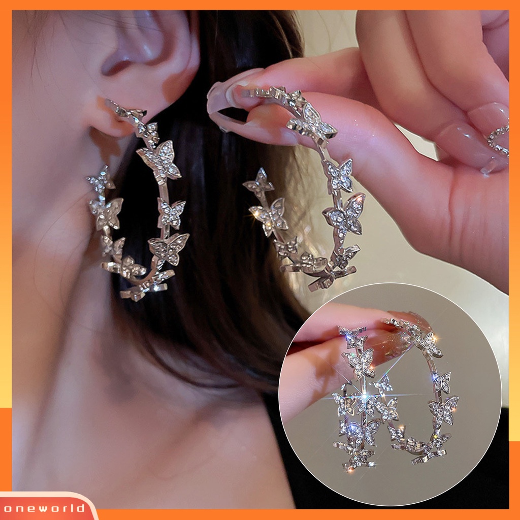 [ONE] 1pasang Liontin Anting Bulat Lingkaran Geometris Kupu-Kupu Dekorasi Berlian Imitasi Mengkilap Huggie Hoop Earrings Perhiasan Aksesoris