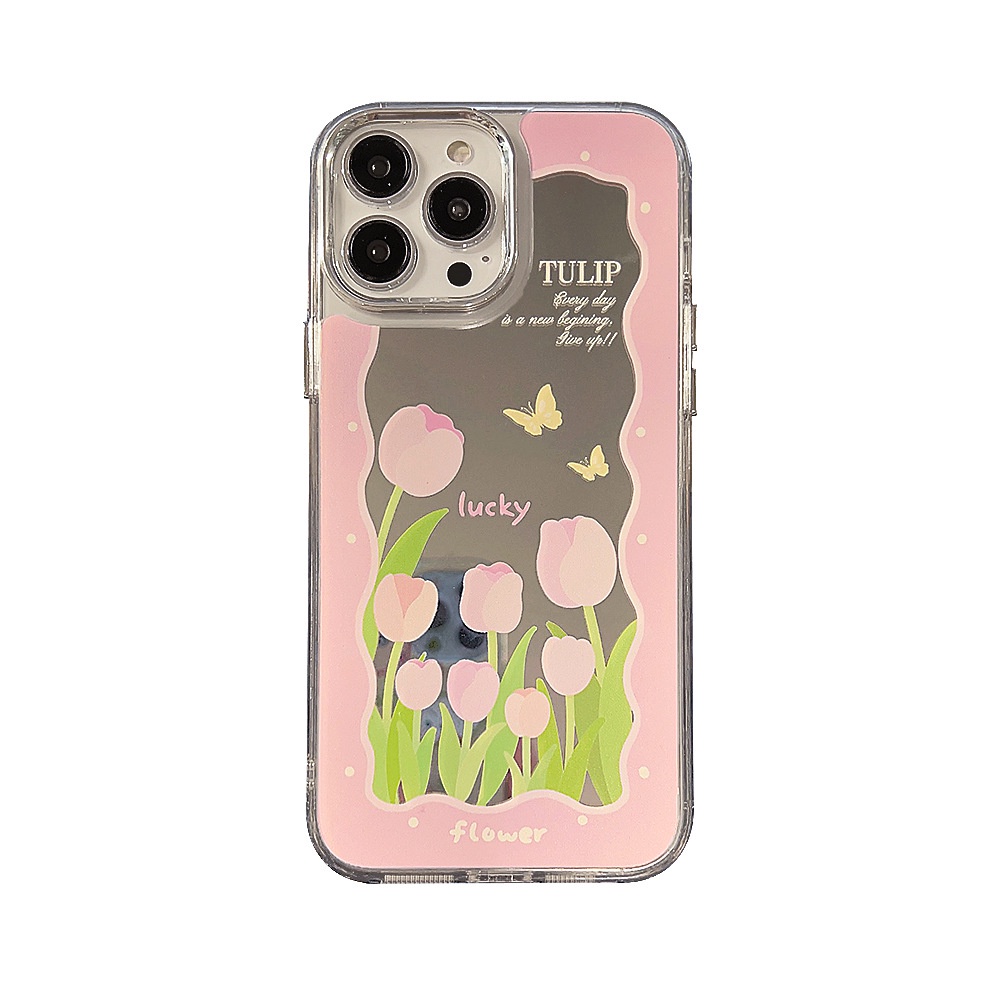 IPHONE Ins Pink Tulip Make Up Mirror Transparan Case Untuk Iphone14 11 12 13 PRO MAX Casing Cover Pelindung AT0215