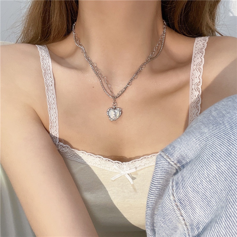 Roselife Keren Manis Glossy Moonstone Belah Kiri Kanan Cinta Hati Liontin Kalung Untuk Wanita Gadis Chic Zirkon Manik-Manik Tulang Selangka Rantai Kalung Perhiasan Hadiah