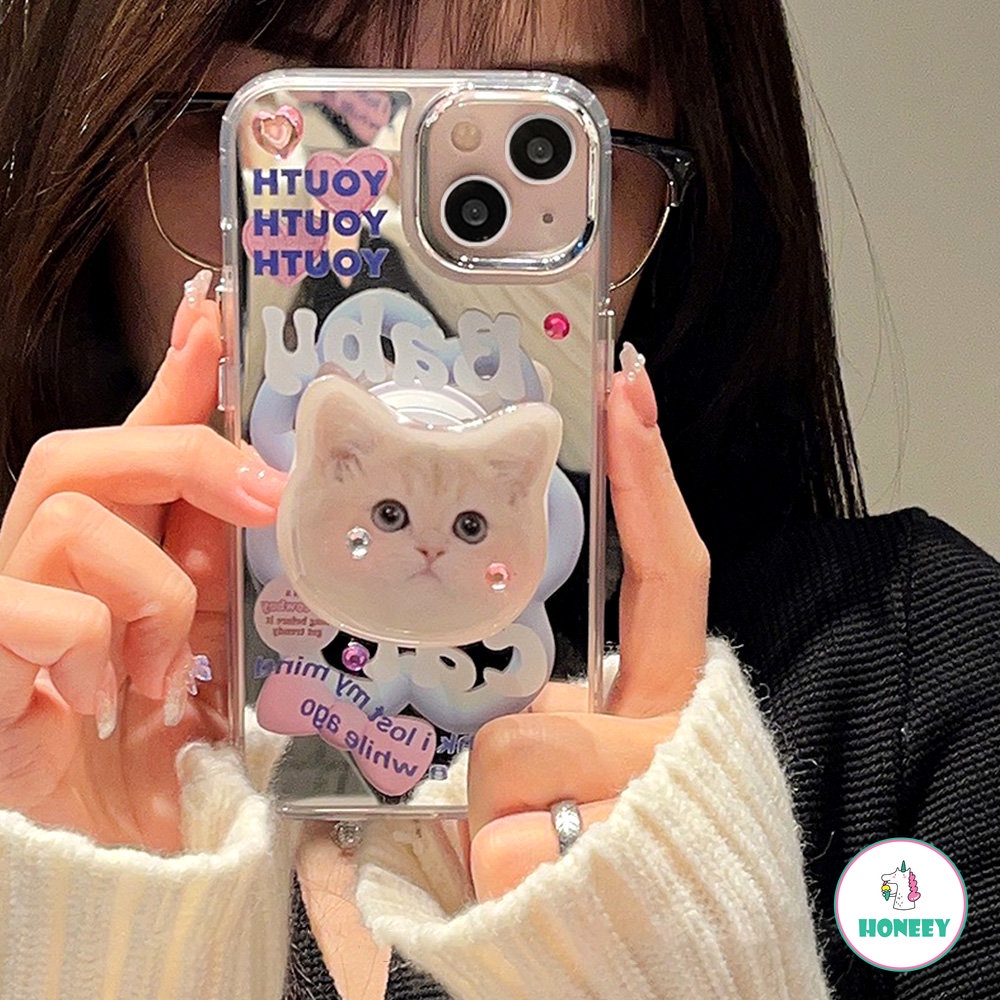 Mirror Lovely Kitty Cat Grip Holder Phone Case Untuk iPhone 14 ProMax 13 12 Pro Max11 Cases Wanita Lucu Bracket Stand Soft Cover