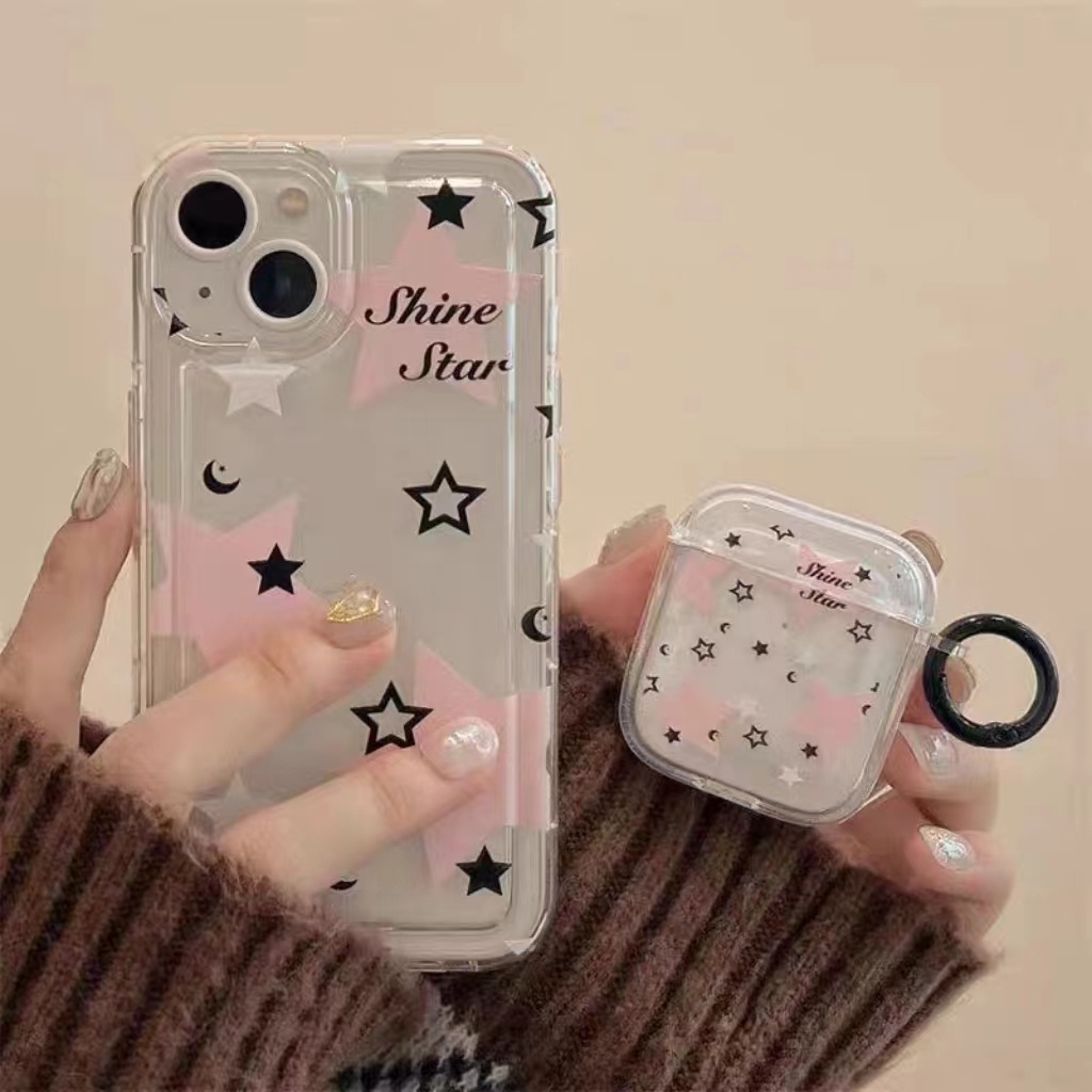 IPHONE Ins Star Phone Case Cocok Untuk Iphone14 14pro 14plus 13 13mini 13pro 13prm iPhone12 7Plus 8Plus Xr XS 13 12mini Pro Max Empat Sudut Casing Ponsel Transparan Tahan Guncangan