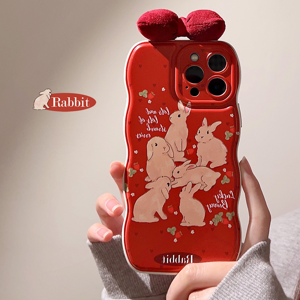 IPHONE Kartun Kelinci Rabbits Vintage Merah Perlindungan Penuh Dengan Kain 3D Busur Ponsel Case Cover Untuk Iphone11 12 13 14 PLUS PRO MAX