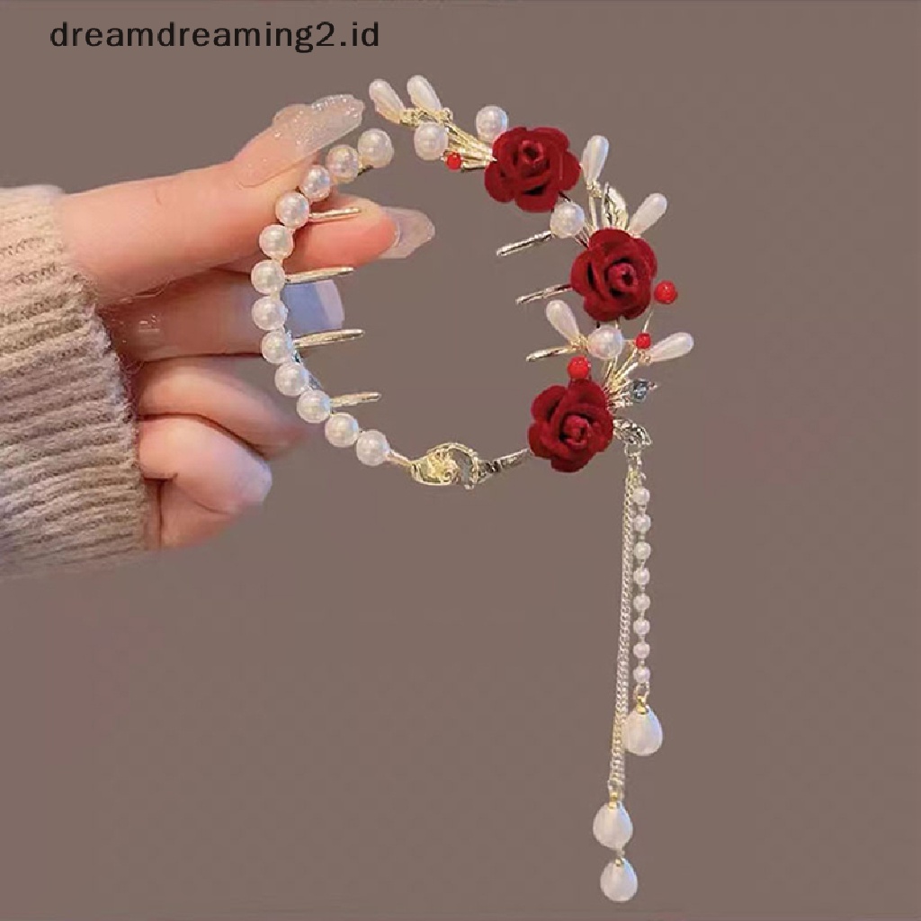 (dream) Retro Mawar Mutiara Ambil Klip Rumbai Ponytail Klip Hiu Klip Berlian Imitasi Fashion Wanita Aksesoris Rambut Klip//