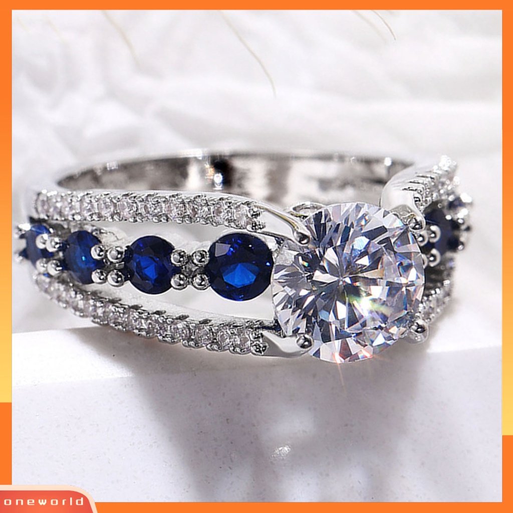 [EONE] Wanita Cincin Berongga Keluar Biru Cubic Zirconia Perhiasan Berlian Imitasi Jari Cincin Hadiah Ulang Tahun