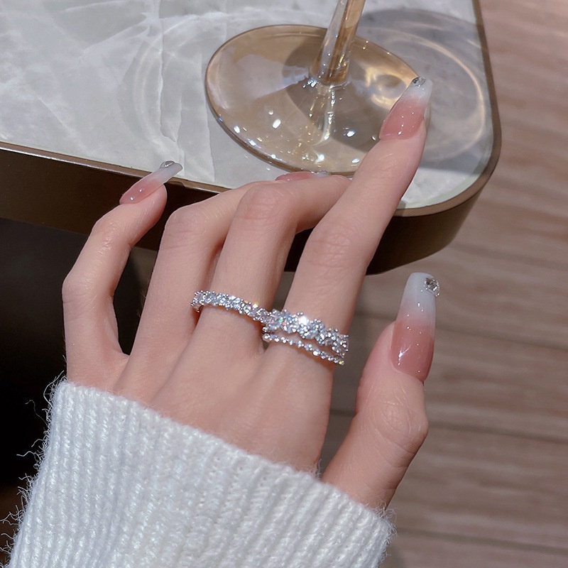 Cincin Perak Kristal Fashion Double Layer Adjustable Opening Rings Untuk Aksesoris Perhiasan Wanita