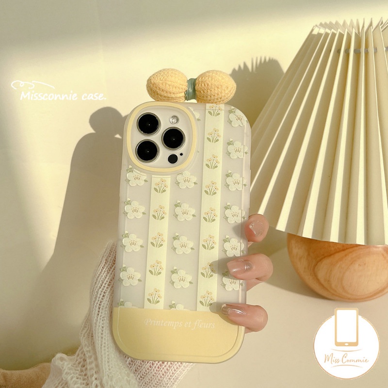 IPHONE 3d Bow-knot Hias Case Kompatibel Untuk Iphone11 14 13 12 Pro Max 7Plus XR 11 Pro Max X7 8 6 6s Plus XS Max SE 2020 INS Fashion Retro Bunga Kuning Telepon Lembut Tpu Cover