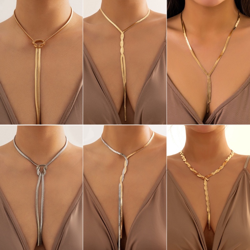 [Unggulan] Aksesoris Temperamen Wanita Flat Snake Bone Jumbai Kalung Adjustable Glossy Rantai Panjang Choker Seksi Leher Dada Dekorasi Perhiasan