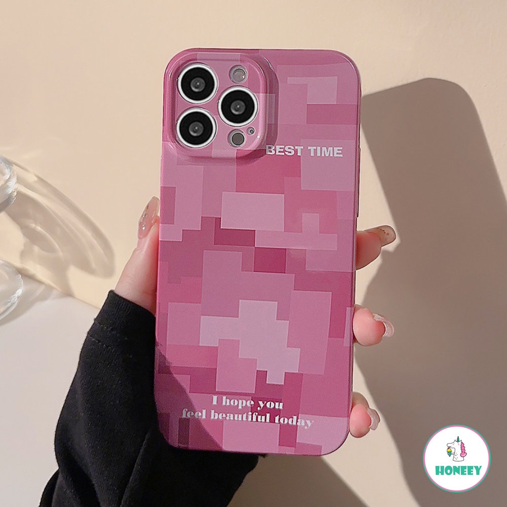 IPHONE Casing Ponsel Seni Gradasi Pixel Vintage Pink Mewah Untuk Iphone14 13 12 11 Pro Max Xr Xs 7 8 14 Plus Case Cute Sweet Gloss Cover